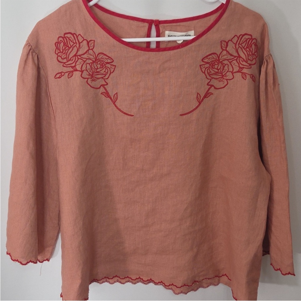 Sonderhaus The West Set Embroidered Floral Linen Short/shirt Set Size L - Picture 4 of 8
